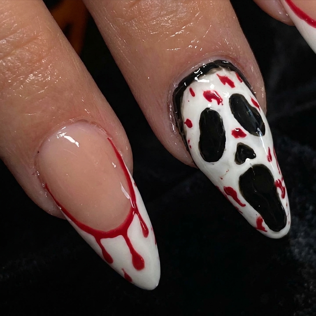Step-by-step nail art process for DIY Halloween Nails Bloody French Tips with a Ghost Face Accent 👻