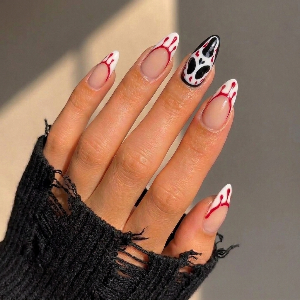 DIY Halloween Nails Bloody French Tips with a Ghost Face Accent 👻 nail art design from another angle