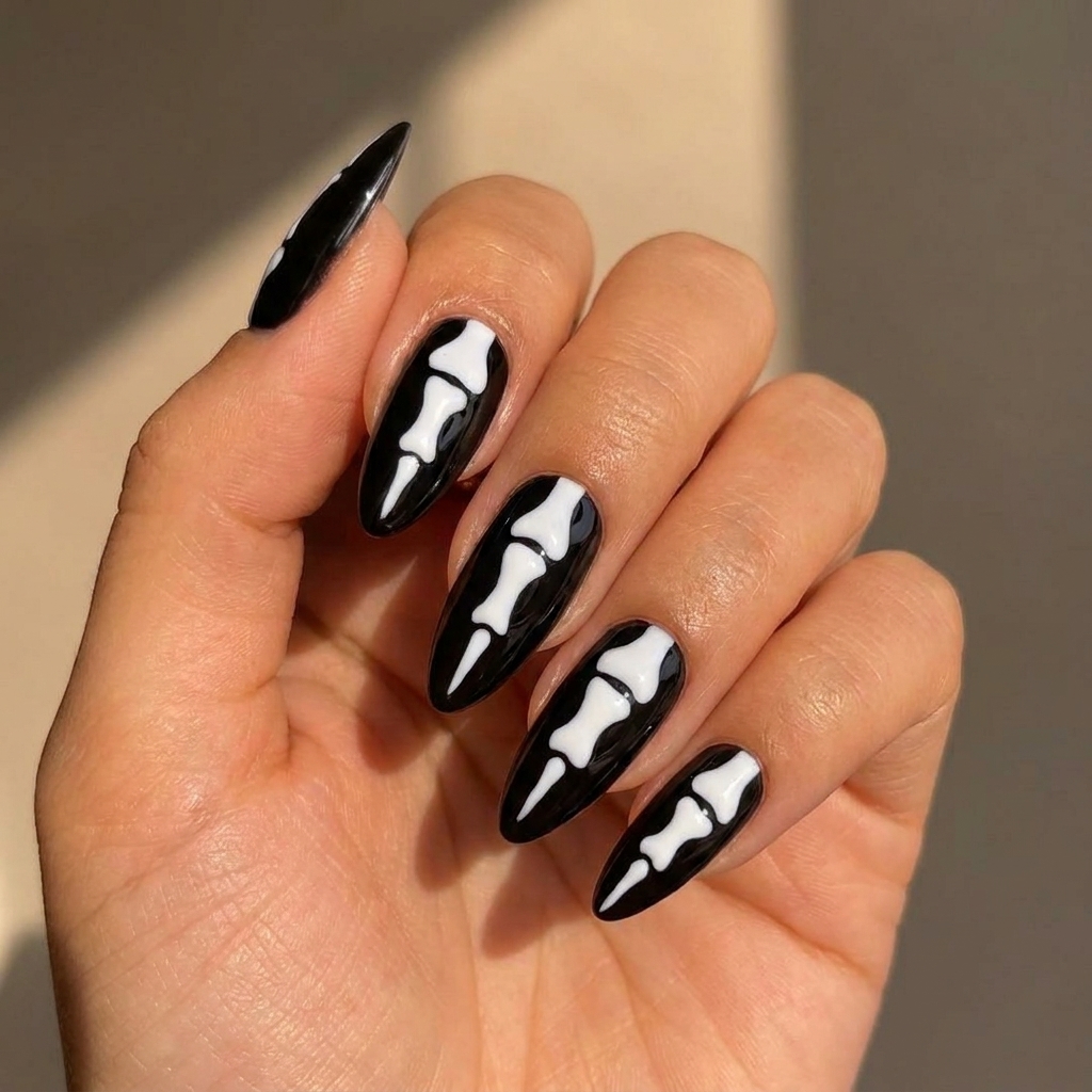 Step-by-step nail art process for No Bones About It — Skeleton Nail Art
