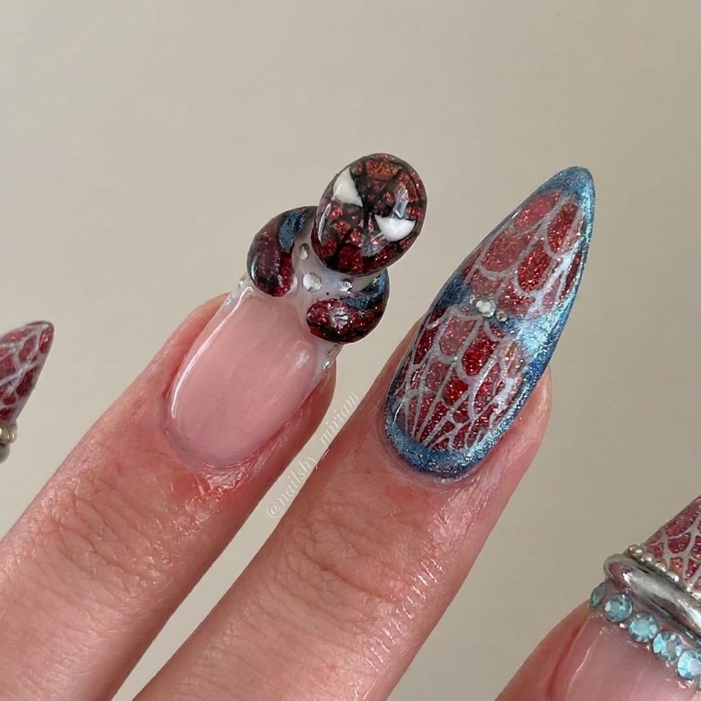 Step-by-step nail art process for Spider-Man Web Nails 3D Character Charm