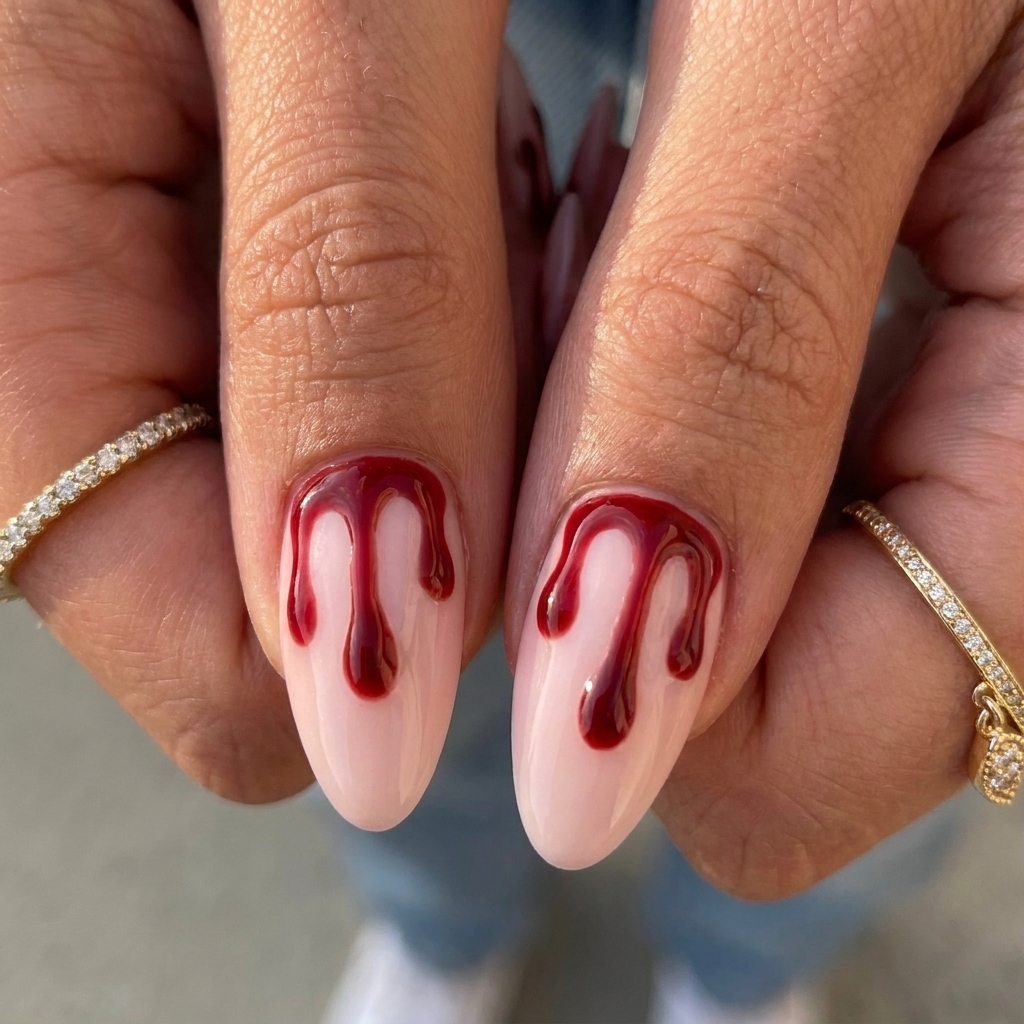 Step-by-step nail art process for Chrome Blood Drip Nails