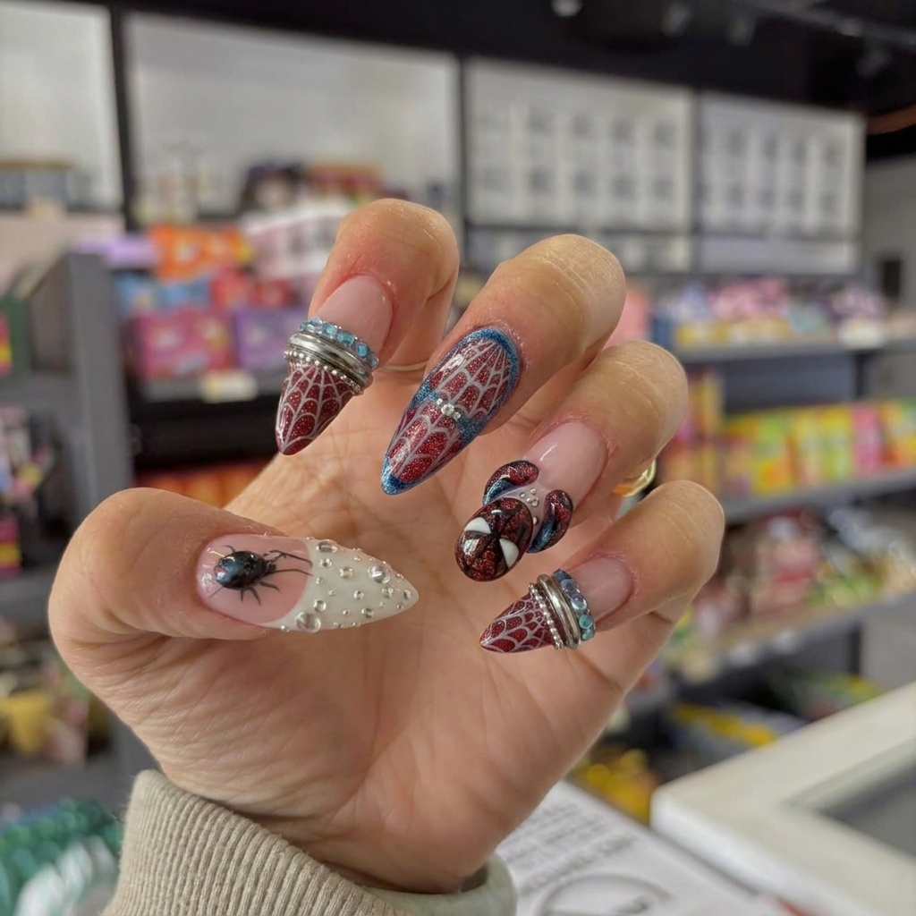 Spider-Man Web Nails 3D Character Charm nail art design from another angle