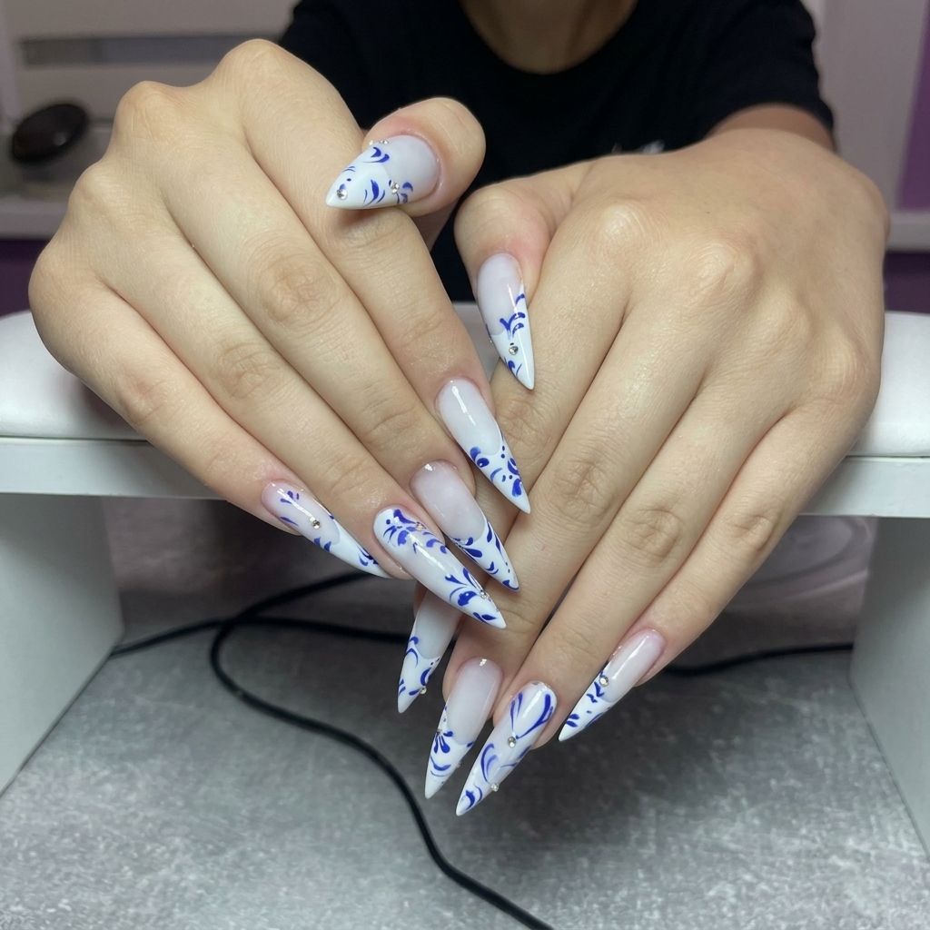 Blue Porcelain Stiletto Nails 💙 | An Elegant Floral Manicure You Can Create at Home - finished nail art design