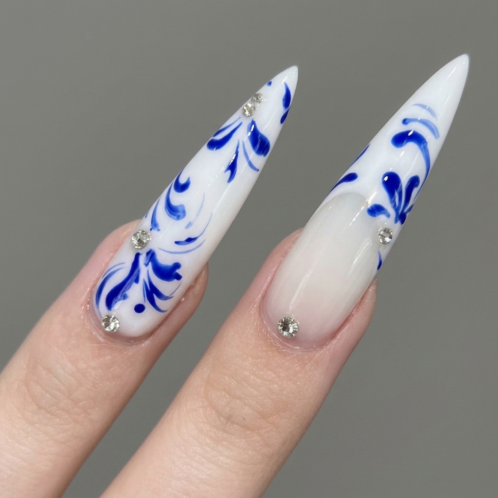 Step-by-step nail art process for Blue Porcelain Stiletto Nails 💙 | An Elegant Floral Manicure You Can Create at Home