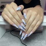Blue Porcelain Stiletto Nails 💙 | An Elegant Floral Manicure You Can Create at Home - finished nail art design